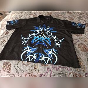 Vintage Y2K Blue Flame Shirt - Size 2XL - Tribal No Boundaries Button Down Spade